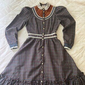 1970s Gunne Sax Plaid Midi Prairie Dress with Quilted Velvet Inlay Like New!